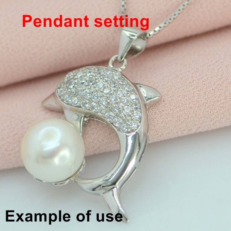 Sterling Silver Crystals Dolphin Shaped Dangle Cup Pendant Blank Setting Fine 925 9.5 mm For One Pearl Bead No Prongs DIY Jewelry Wholesale