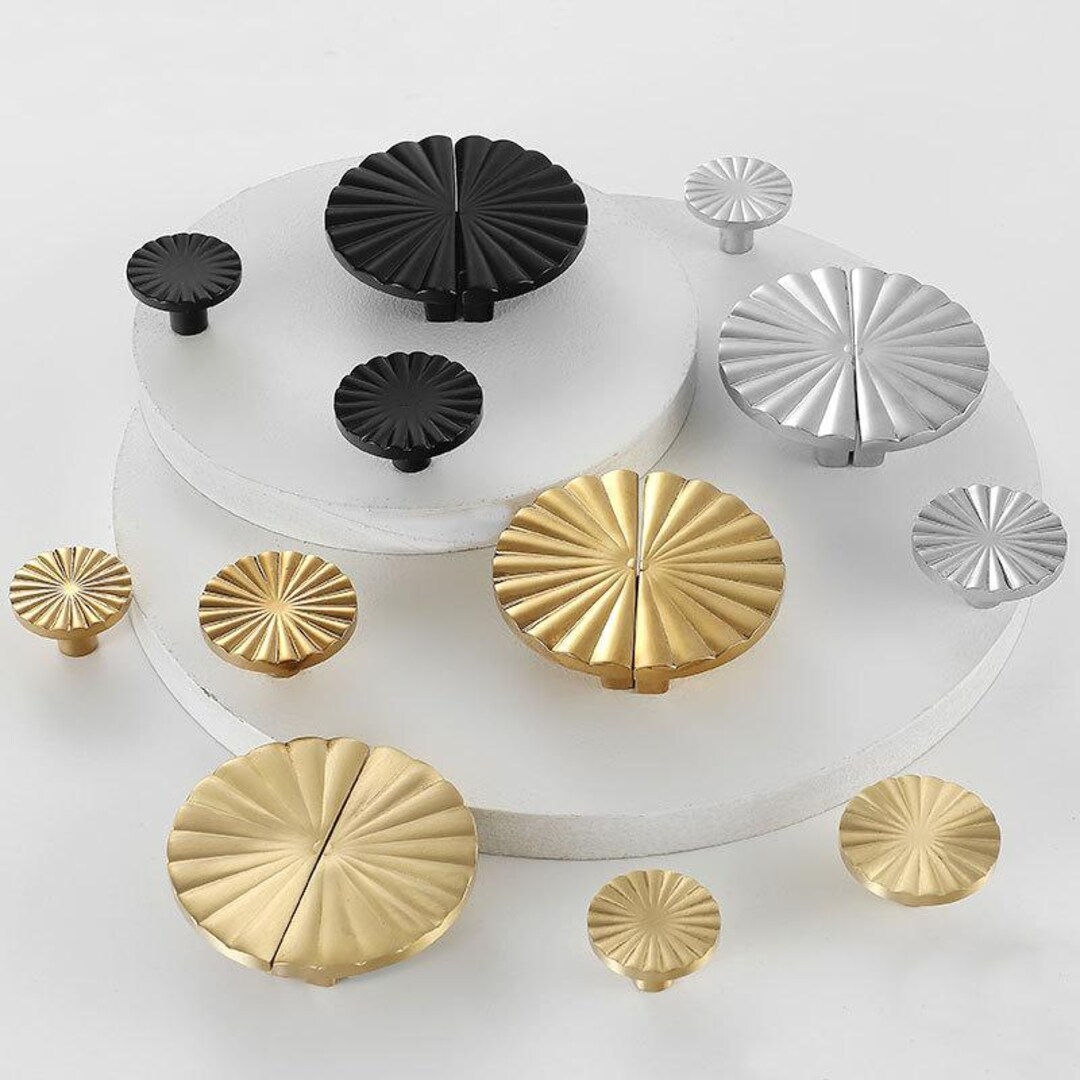 Modern Art Deco Solid Brass Cabinet Knobs Sunburst Round Drawer Pulls ...
