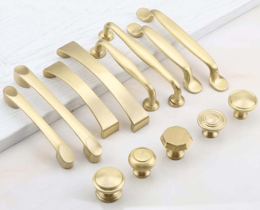 Brushed Gold Solid Brass Cabinet Handles Knobs Modern Transitional ...