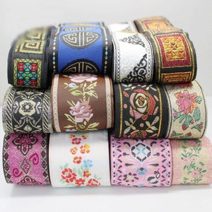 Ethnic Flowers Embroidery 2.4-5cm Jacquard Ribbon Polyester Silk Metallic Fabric Trim For Wedding Dress Blouse Pillow Border Linen Hat