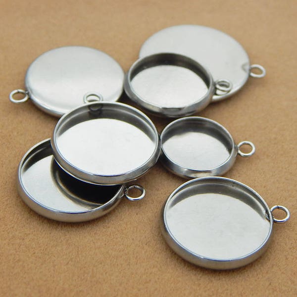 Cabochon Setting Blank Bezel Stainless Steel Silver Tone Round Pendant Tray with Loop Pendant Base 6 8 10 12 14 16 18 20 22 mm Craft Supply