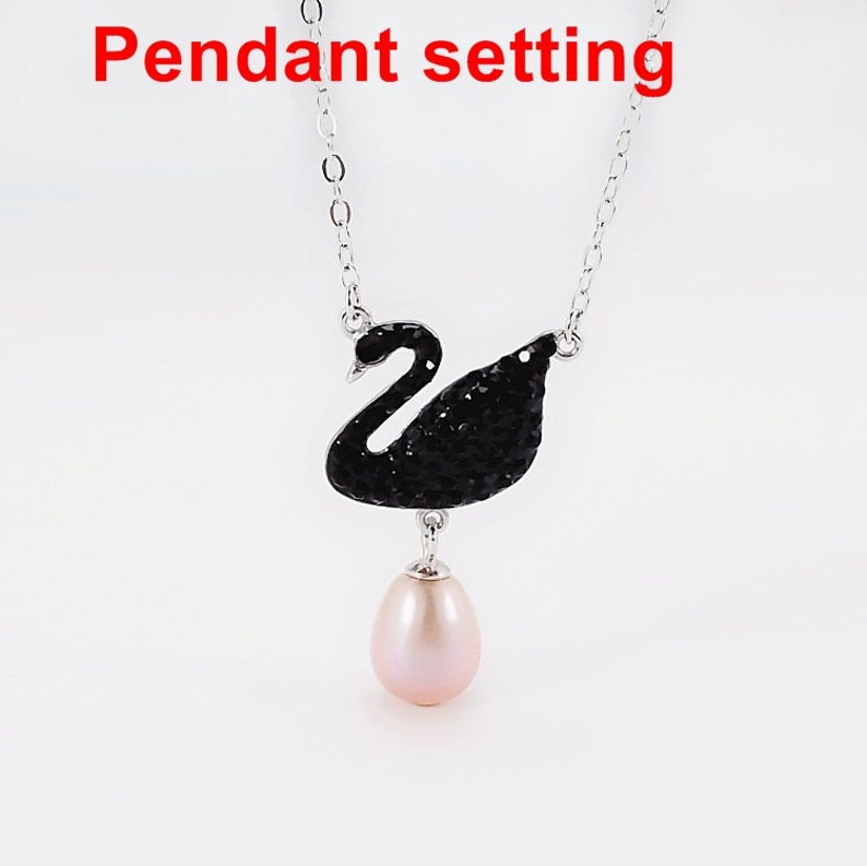 Sterling Silver Bezel Black Crystals Swan Shaped Dangle Cup Pendant Setting Fine 925 7 mm For One Pearl Bead No Prongs DIY Jewelry Wholesale