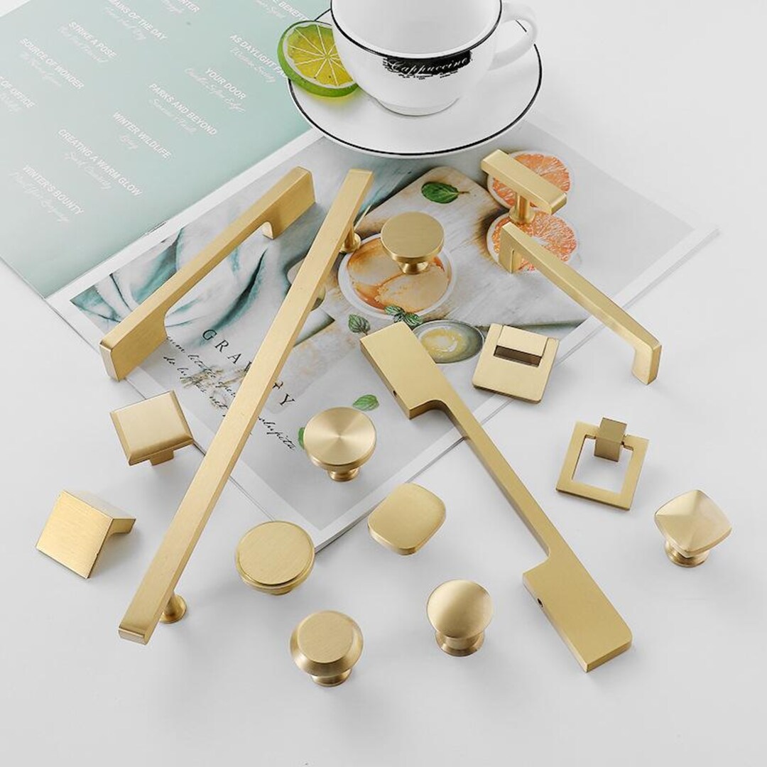 Matte Gold Solid Brass Cabinet Pulls and Knobs Minimalist Scandinavian ...