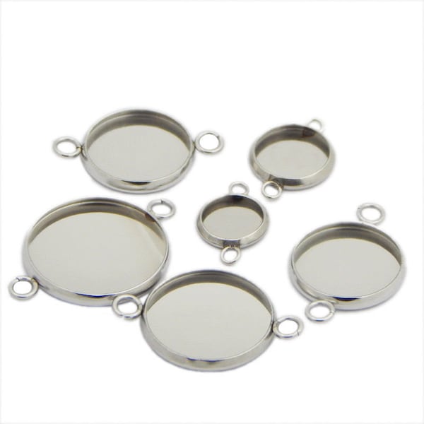 Stainless Steel Round Pendant Tray Double Loop Cabochon Setting Blank Bezel Pendant Base Two Rings Silver Tone 6 8 10 12 14 16 18 20 25 mm