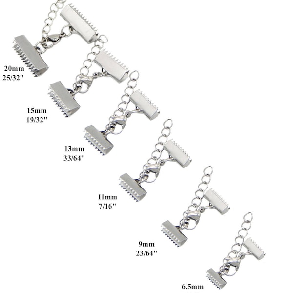 Stainless Steel Silver Tone Ribbon Cord End Clamp Crimps with Lobster Clasp and Extension Chain 6 9 11 13 15 20 mm