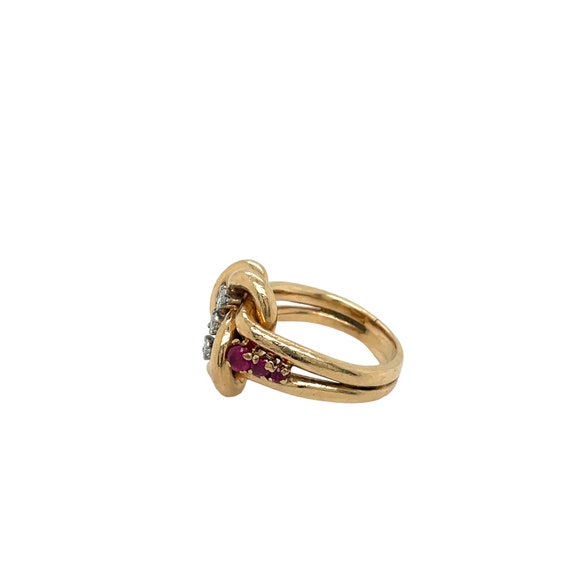 14K Yellow Gold Diamond and Ruby knot Ring - image 2