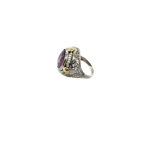 Art Deco 14K White Gold Amethyst and Seed Pearl R… - image 2