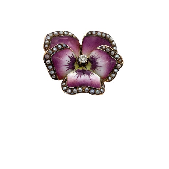 Victorian 14K Yellow Gold Enamel and Pearl Pansy B