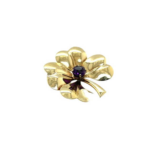 Retro 14K Yellow Gold Amethyst Pansy Brooch - image 3