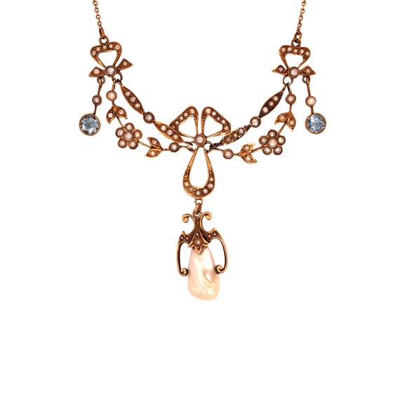 Antique Seed Pearl and Aquamarine Necklace