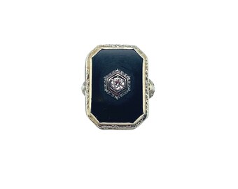 Art Deco 14K White Gold Onyx and Diamond Ring