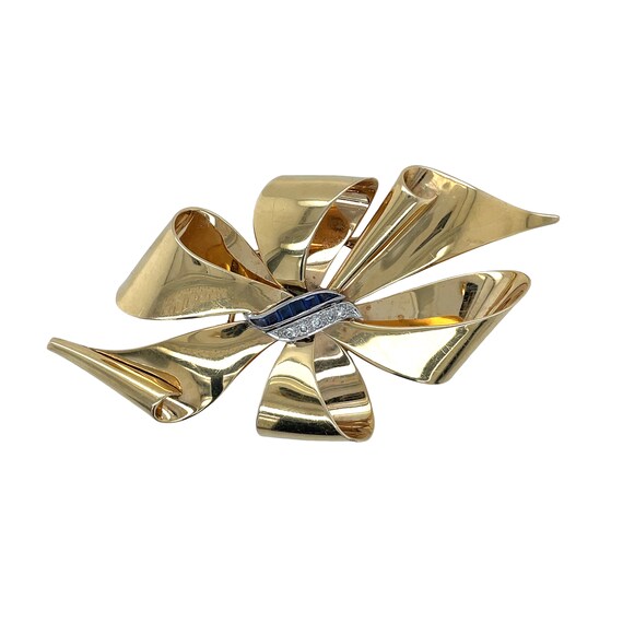 Retro 14K Yellow Gold Diamond and Sapphire Brooch