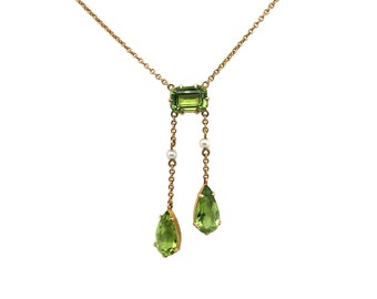 Edwardian 14K Yellow Gold Peridot and Seed Pearl Lavalier