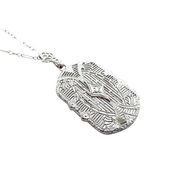 Art Deco 14K White Gold Diamond Pendant - image 3