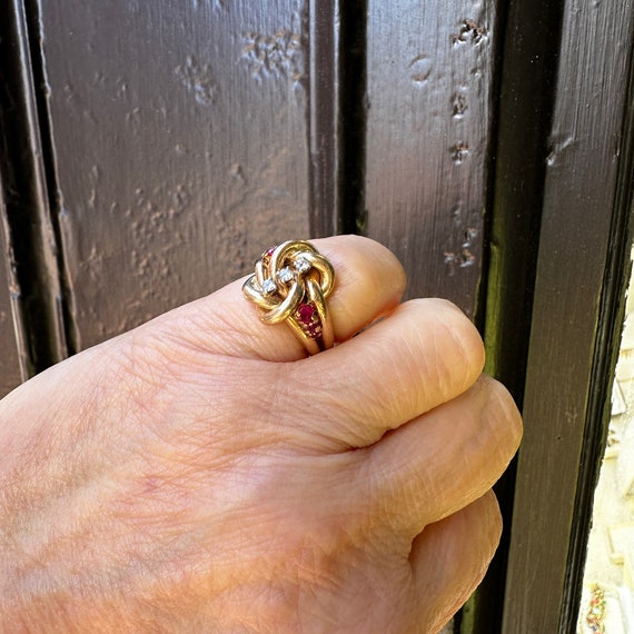 14K Yellow Gold Diamond and Ruby knot Ring - image 5
