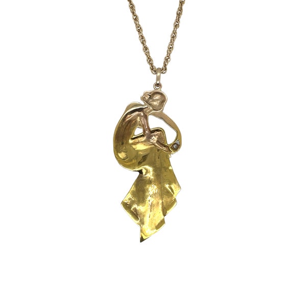 Art Nouveau 14K Yellow Gold Diamond Pendant - image 2