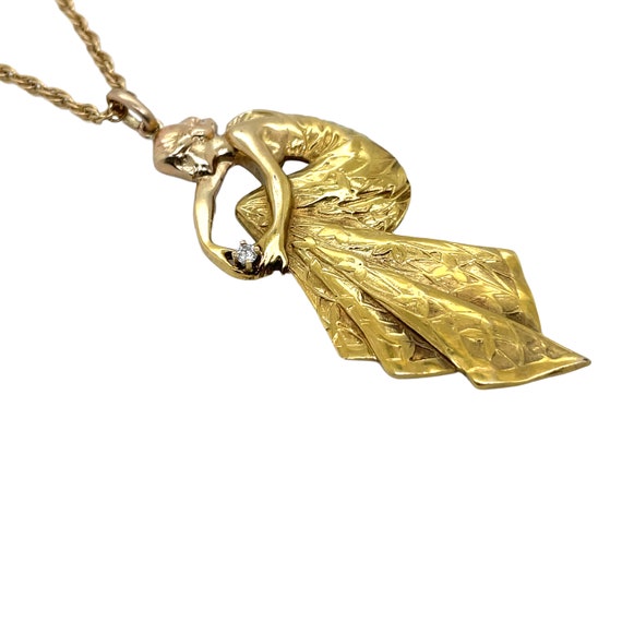 Art Nouveau 14K Yellow Gold Diamond Pendant - image 3