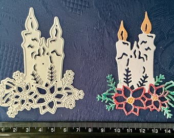 Christmas Poinsettia Holly Candle Duo Metal Cutting Die - Small size - Topper Embellishment