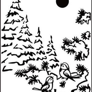 May include: Black and white illustration of a forest scene with two birds perched on a branch. The image features stylized evergreen trees, foliage, and a full moon in the sky. The artwork is a simple, graphic design.