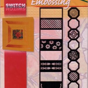 May include: A package of Switch Embossing stencils. The package has a red and orange color scheme. The stencils are black and feature various patterns, including floral, geometric, and decorative designs. The package also includes a square frame with a floral design.
