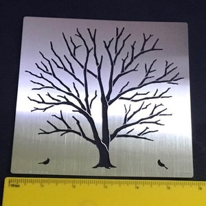 Large Stainless steel square stencil Oblong Tree Winter Bird Emboss/Pyrography/Paste LX7020