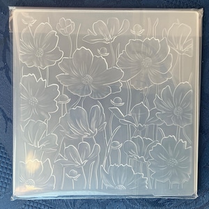 May include: A square, clear plastic embossing folder featuring a raised, debossed pattern of multiple cosmos flowers with thin stems and buds. The design covers the entire surface of the folder, which is encased in a thin, transparent plastic sleeve.
