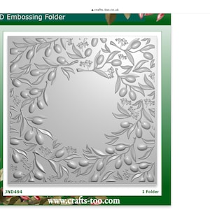May include: A square 3D embossing folder featuring a raised, detailed pattern of olive branches with leaves, small flowers, and olives arranged in a circular wreath shape. The product is labeled with the text 3D Embossing Folder and JND494.