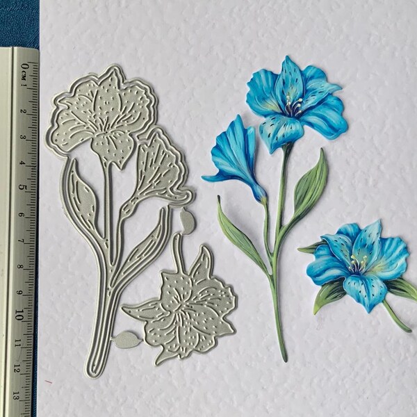 Turquoise Flower Lily Cutting Die Set with 2 print-out sheets decoupage