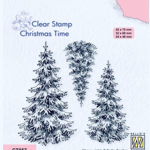 May include: A clear stamp set with three detailed Christmas tree designs. The set includes the text "Clear Stamp Christmas Time" and dimensions of 4.2 x 7.5 cm, 3.2 x 6.0 cm, and 2.4 x 4.8 cm. The stamp set is labeled CT057.