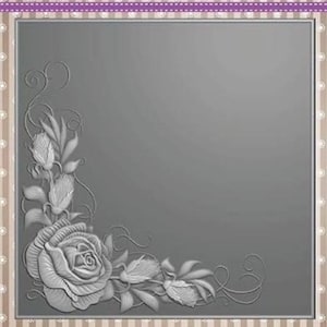 May include: A square gray frame featuring a raised, monochromatic relief of a rose and floral buds in the bottom left corner. The design includes swirling vine accents and is bordered by a light brown and white striped pattern with a purple trim.