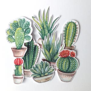Adesivi di carta di cactus, set di 16 adesivi permanenti tagliati a mano, posta felice succulenta, diario della posta indesiderata