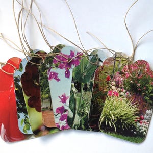 Handgemaakte tuintags, 8 geüpcycled tijdschriften en kartonnen doos cadeaukaartjes, bloemen milieuvriendelijke hangtags, efemere rommeltijdschriften