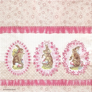3 tovaglioli di carta rosa per decoupage pasquale, collage di carta rosa con coniglietti pasquali nostalgici, diario spazzatura effimero g004
