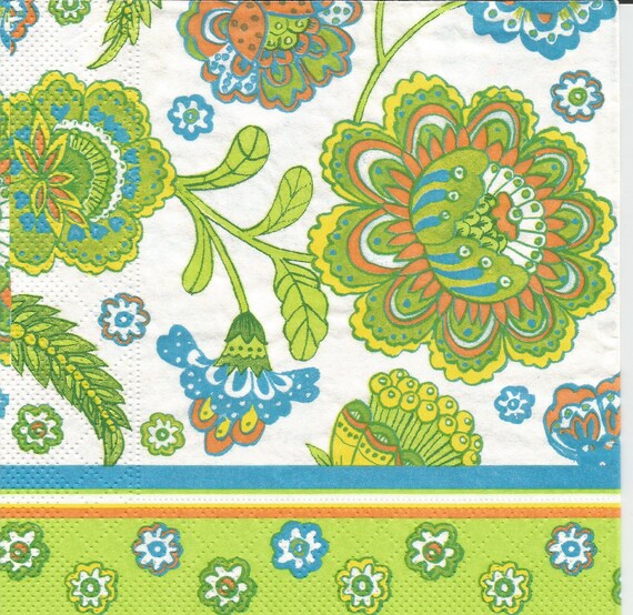 Blue and green floral decoupage paper napkins 3 napkins for Etsy