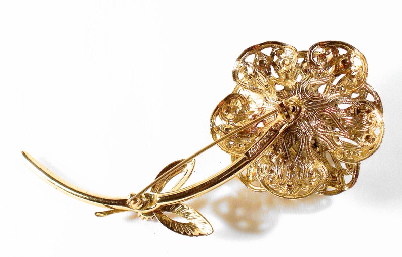 Vintage Goldtone Filigree Flower AB Red Rhinestone Brooch Signed Sarah Coventry S558 HUGE