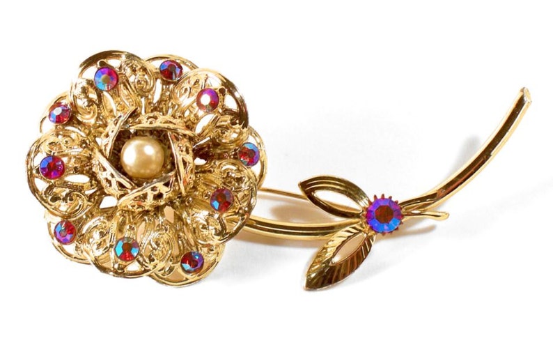 Vintage Goldtone Filigree Flower AB Red Rhinestone Brooch Signed Sarah Coventry S558 HUGE