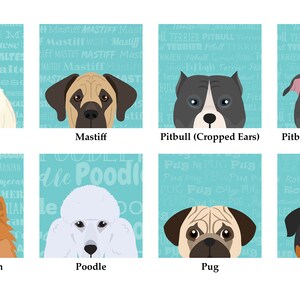 May include: A colourful illustration of 8 different dog breeds, each with a unique facial expression. The breeds are Maltese, Mastiff, Pitbull (Cropped Ears), Pitbull (Natural Ears), Pomeranian, Poodle, Pug, and Rottweiler. Each dog is set against a background of its breed name repeated in a light blue colour.