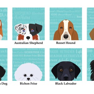 May include: A colourful illustration of 10 different dog breeds, each with a unique background pattern featuring the breed's name. The dogs are Akita, Australian Shepherd, Basset Hound, Beagle, Bernese Mountain Dog, Bichon Frise, Black Labrador, Border Collie,