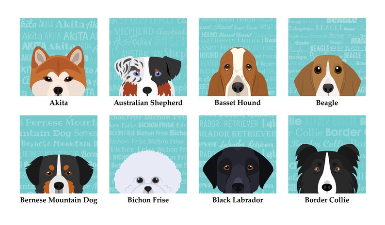 May include: A colourful illustration of 10 different dog breeds, each with a unique background pattern featuring the breed's name. The dogs are Akita, Australian Shepherd, Basset Hound, Beagle, Bernese Mountain Dog, Bichon Frise, Black Labrador, Border Collie,