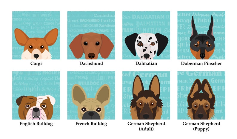 May include: Illustration of 8 different dog breeds: Corgi, Dachshund, Dalmatian, Doberman Pinscher, English Bulldog, French Bulldog, German Shepherd (Adult), and German Shepherd (Puppy). Each breed is depicted with a blue background and text.
