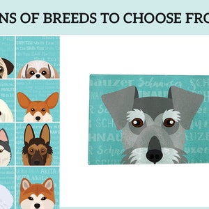 May include: A turquoise blue chopping board with a grey and white illustration of a Miniature Schnauzer dog. The background is covered with the word "Schnauzer" repeated in a variety of sizes and orientations.