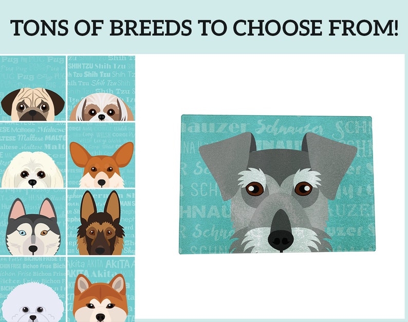 May include: A turquoise blue chopping board with a grey and white illustration of a Miniature Schnauzer dog. The background is covered with the word "Schnauzer" repeated in a variety of sizes and orientations.