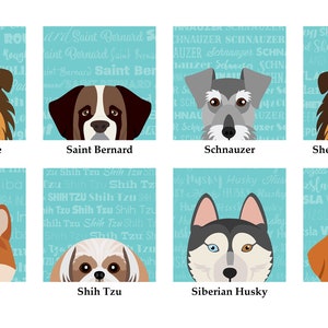 May include: A colourful illustration of eight different dog breeds, each with a unique facial expression. The breeds are Rough Collie, Saint Bernard, Schnauzer, Shetland Sheepdog, Shiba Inu, Shih Tzu, Siberian Husky, and Vizsla. Each dog is depicted against a light blue background with a pattern of the breed's name repeated.