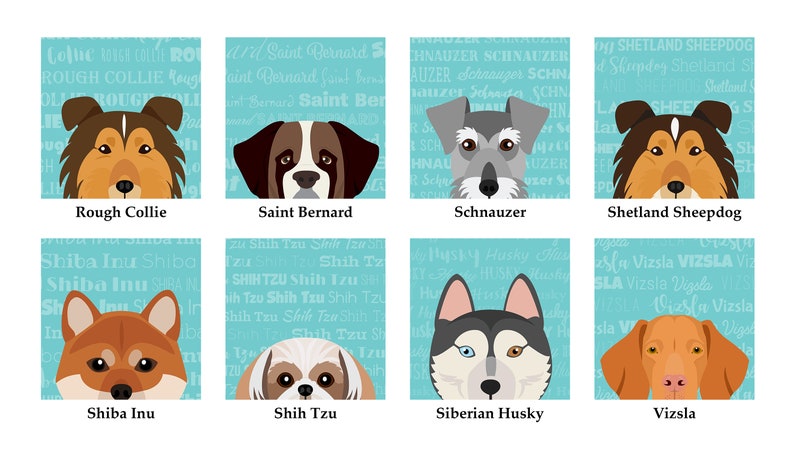 May include: A colourful illustration of eight different dog breeds, each with a unique facial expression. The breeds are Rough Collie, Saint Bernard, Schnauzer, Shetland Sheepdog, Shiba Inu, Shih Tzu, Siberian Husky, and Vizsla. Each dog is depicted against a light blue background with a pattern of the breed's name repeated.