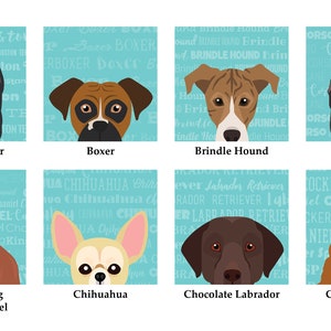 May include: A digital illustration of 10 different dog breeds. Each dog breed is depicted with a cartoon-style illustration of its head and shoulders. The background is a light blue colour with the name of the breed repeated in white text.