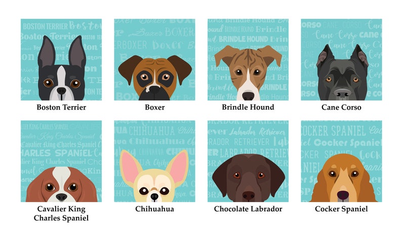 May include: A digital illustration of 10 different dog breeds. Each dog breed is depicted with a cartoon-style illustration of its head and shoulders. The background is a light blue colour with the name of the breed repeated in white text.