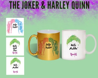 Harley Quinn and The Joker "Hello Dollface", "Hello Puddin" Inspired Design Ceramic Coffee Mug 11oz! Choose White, Pink, Silver OR Gold!