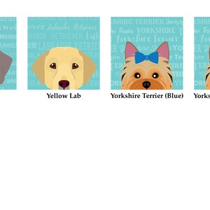 May include: Four dog breed illustrations with their names below. A grey Weimaraner, a yellow Labrador Retriever, a brown Yorkshire Terrier with a blue bow, and a brown Yorkshire Terrier with a pink bow.