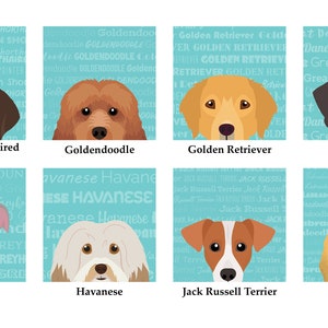 May include: A digital illustration of eight different dog breeds, each with a unique patterned background. The breeds are German Shorthaired Pointer, Goldendoodle, Golden Retriever, Great Dane, Greyhound, Havanese, Jack Russell Terrier, and Labradoodle.
