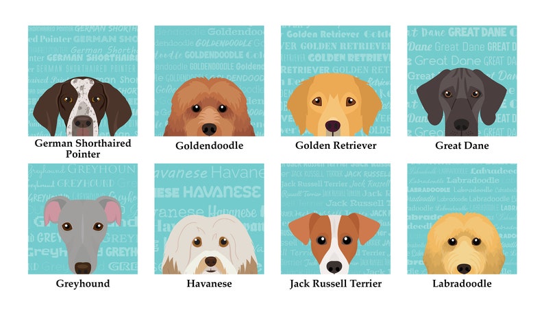 May include: A digital illustration of eight different dog breeds, each with a unique patterned background. The breeds are German Shorthaired Pointer, Goldendoodle, Golden Retriever, Great Dane, Greyhound, Havanese, Jack Russell Terrier, and Labradoodle.